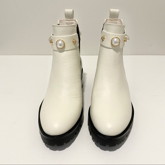 KARL LAGERFELD Pola Leather Off White Pearl Stud Ankle Strap Chelsea Booties NWT - Picture 9 of 16